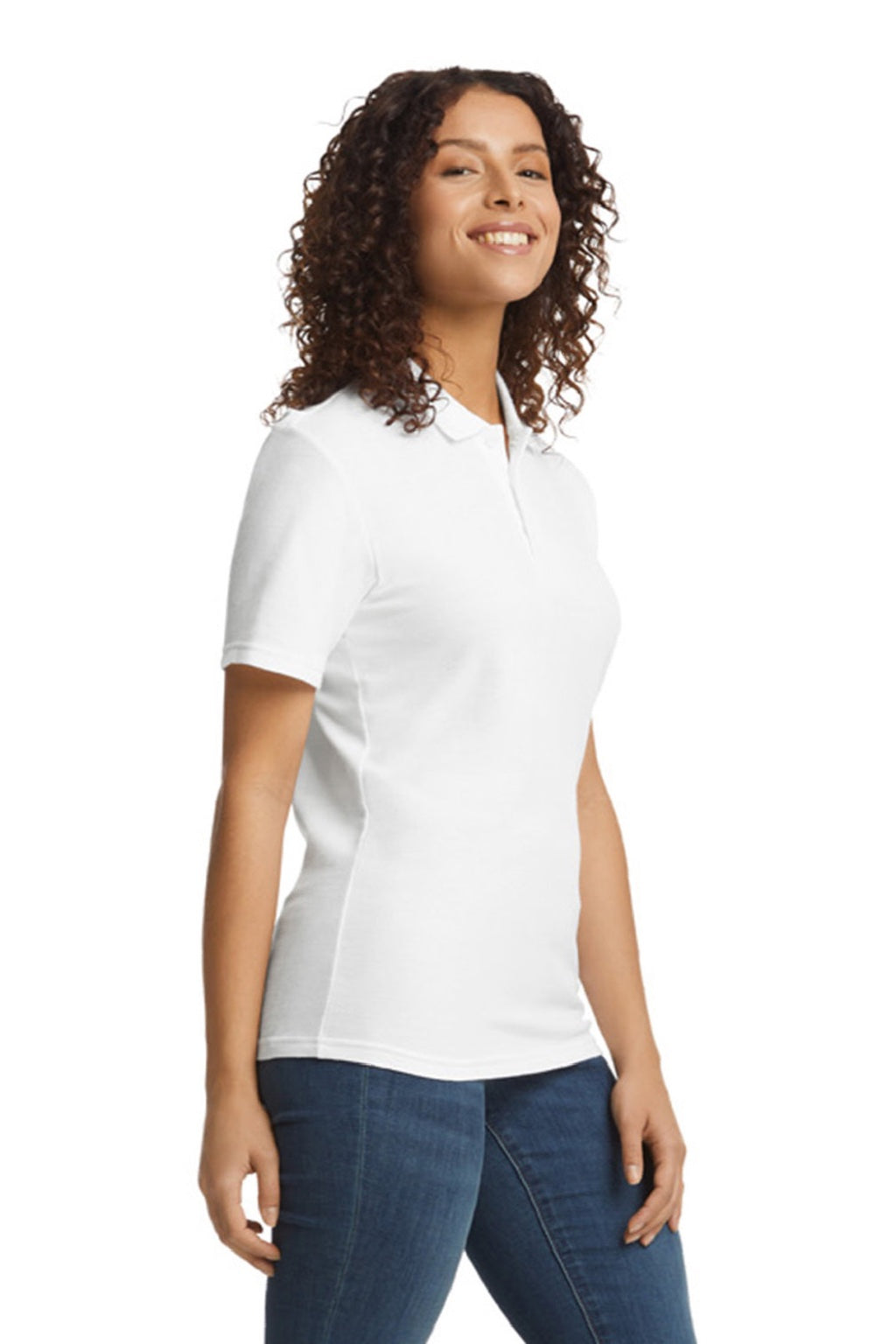 Gildan 64800L Womens Softstyle Pique Short Sleeve Polo Shirt White Model Side