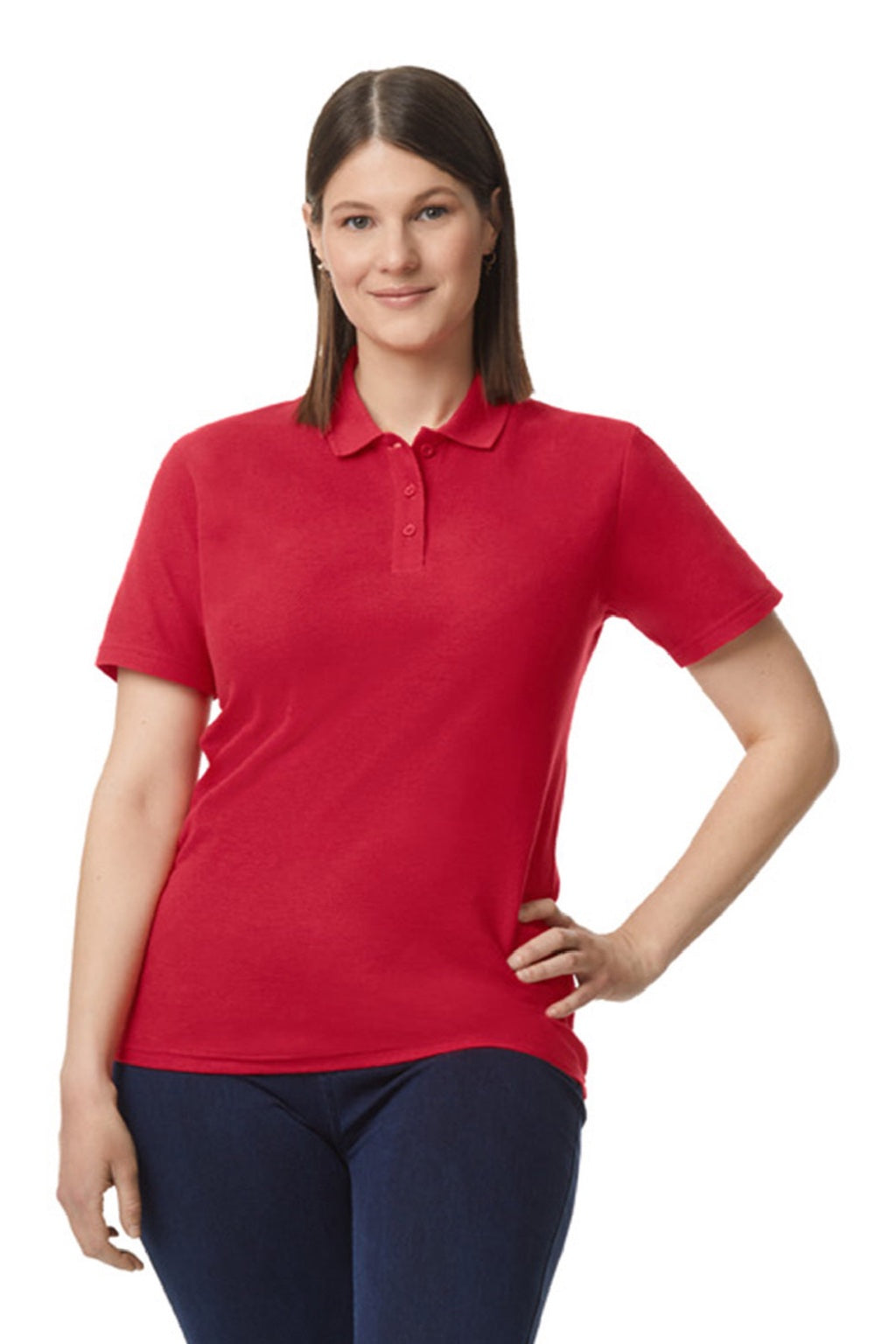 Gildan 64800L Womens Softstyle Pique Short Sleeve Polo Shirt Cherry Red Model Front