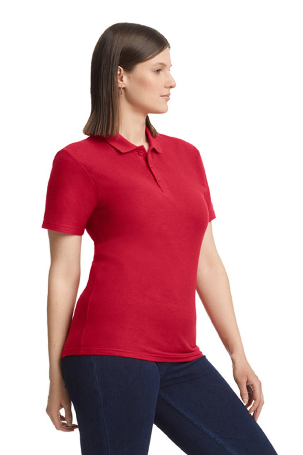 Gildan 64800L Womens Softstyle Pique Short Sleeve Polo Shirt Cherry Red Model Side