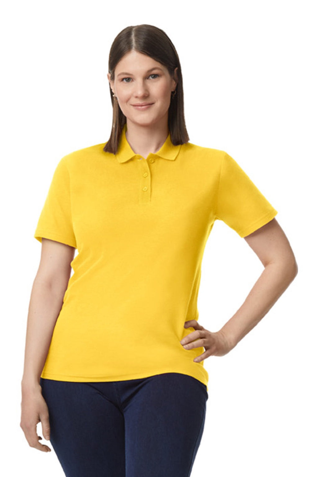 Gildan 64800L Womens Softstyle Pique Short Sleeve Polo Shirt Daisy Yellow Model Front