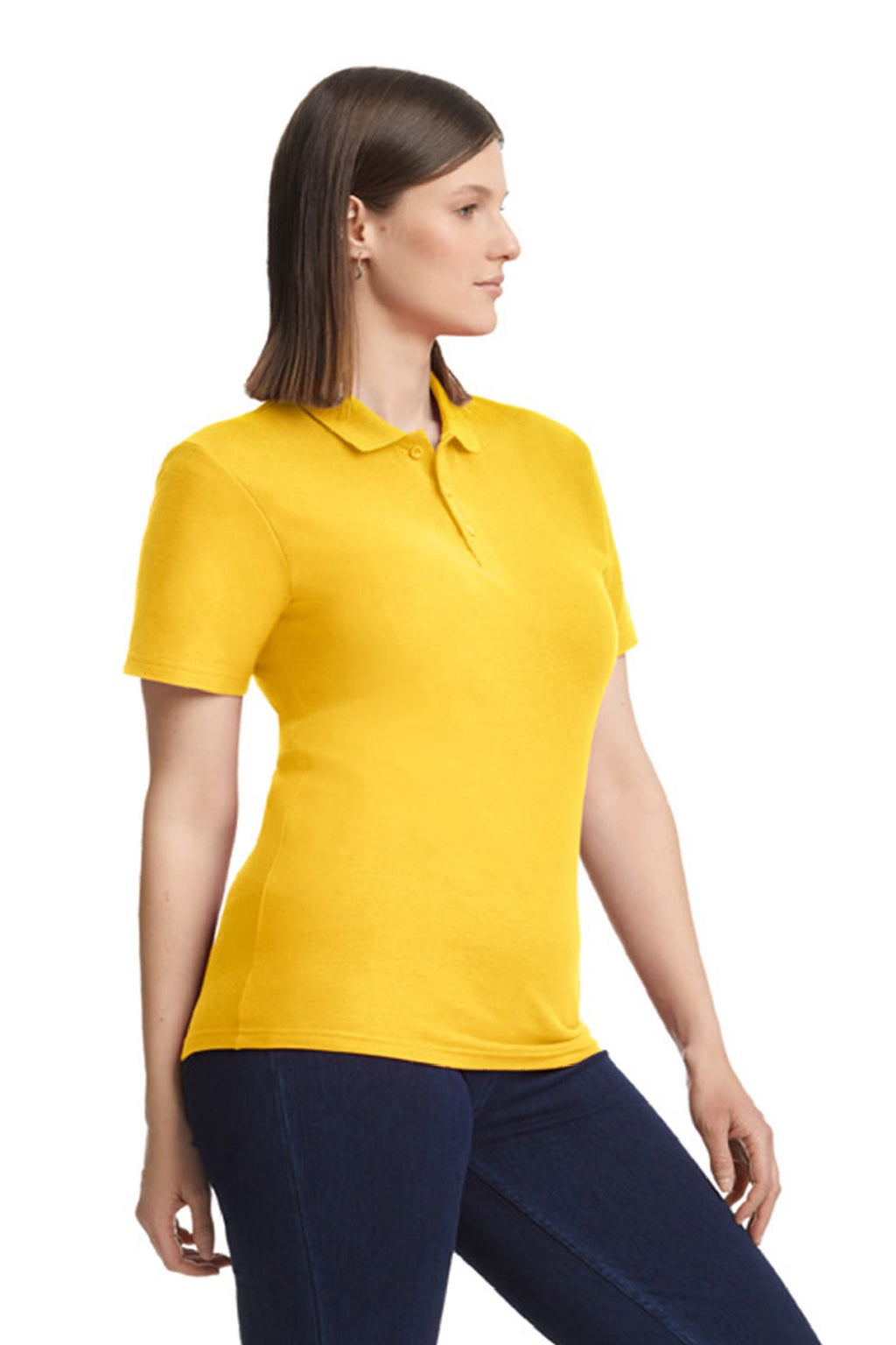 Gildan 64800L Womens Softstyle Pique Short Sleeve Polo Shirt Daisy Yellow Model Side
