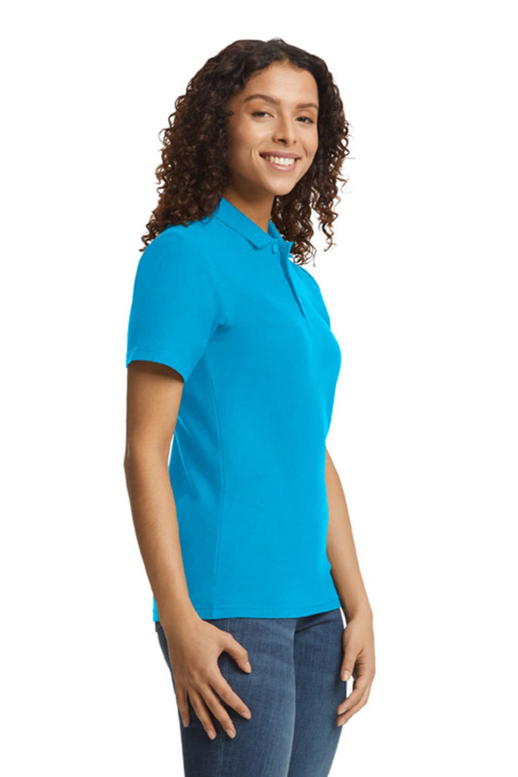 Gildan 64800L Womens Softstyle Pique Short Sleeve Polo Shirt Sapphire Blue Model Side