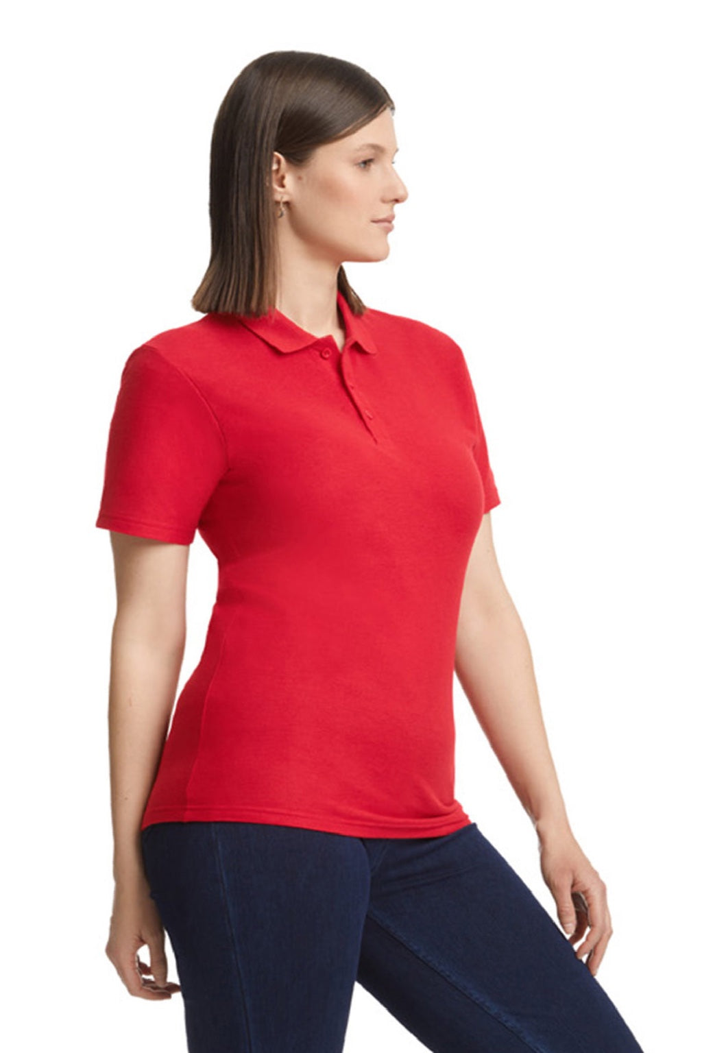 Gildan 64800L Womens Softstyle Pique Short Sleeve Polo Shirt Red Model Side
