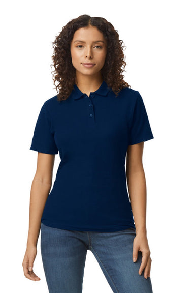 Gildan 64800L Womens Softstyle Pique Short Sleeve Polo Shirt Navy Blue Model Front