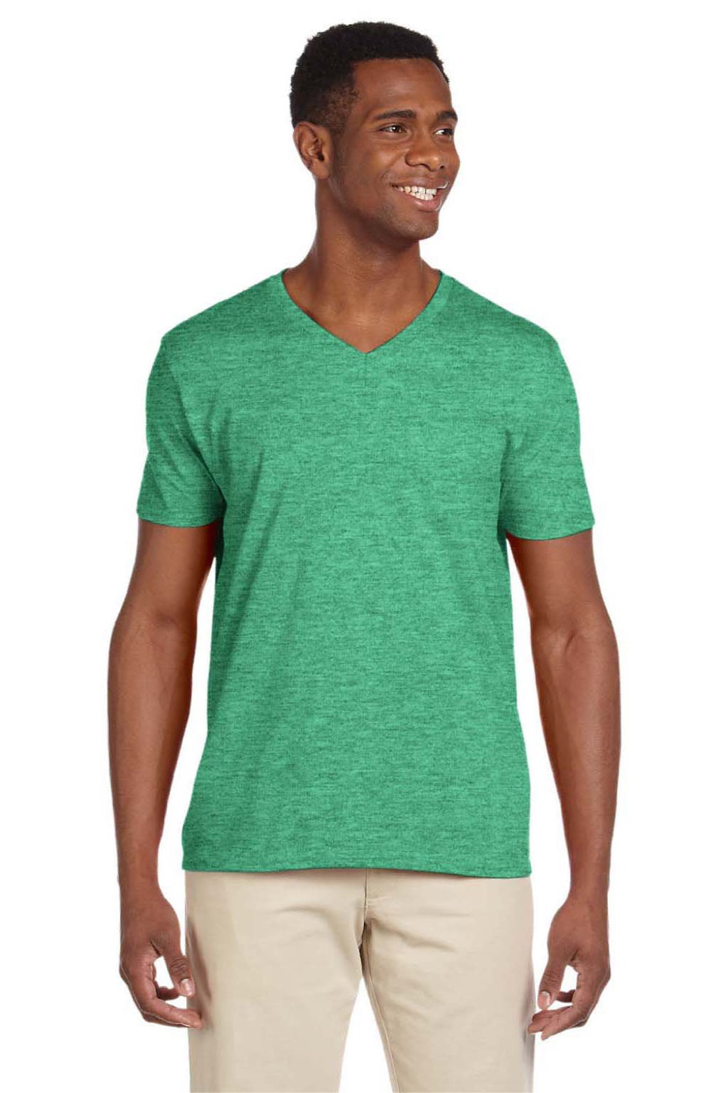 Gildan 64V00 Mens Softstyle Short Sleeve V-Neck T-Shirt Heather Irish Green Model Front