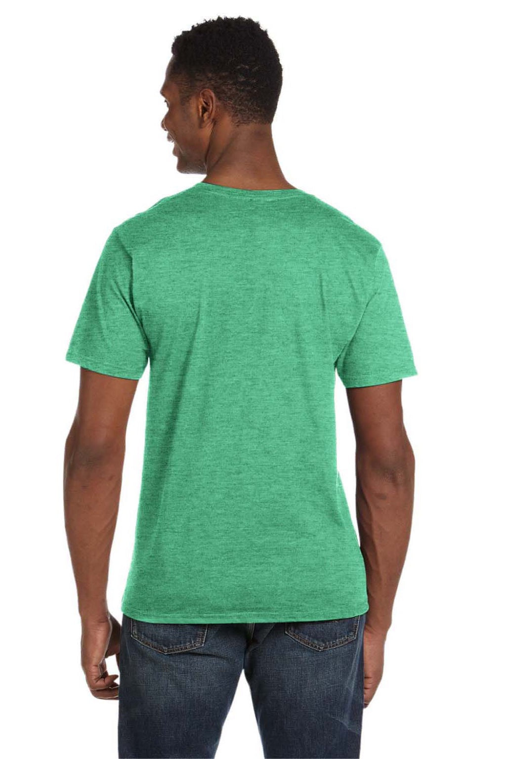 Gildan 64V00 Mens Softstyle Short Sleeve V-Neck T-Shirt Heather Irish Green Model Back