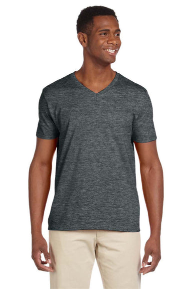 Gildan 64V00 Mens Softstyle Short Sleeve V-Neck T-Shirt Heather Dark Grey Model Front