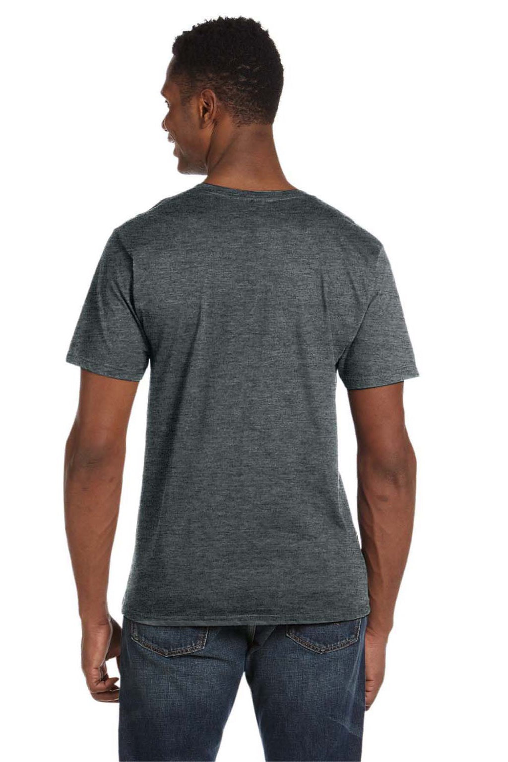 Gildan 64V00 Mens Softstyle Short Sleeve V-Neck T-Shirt Heather Dark Grey Model Back
