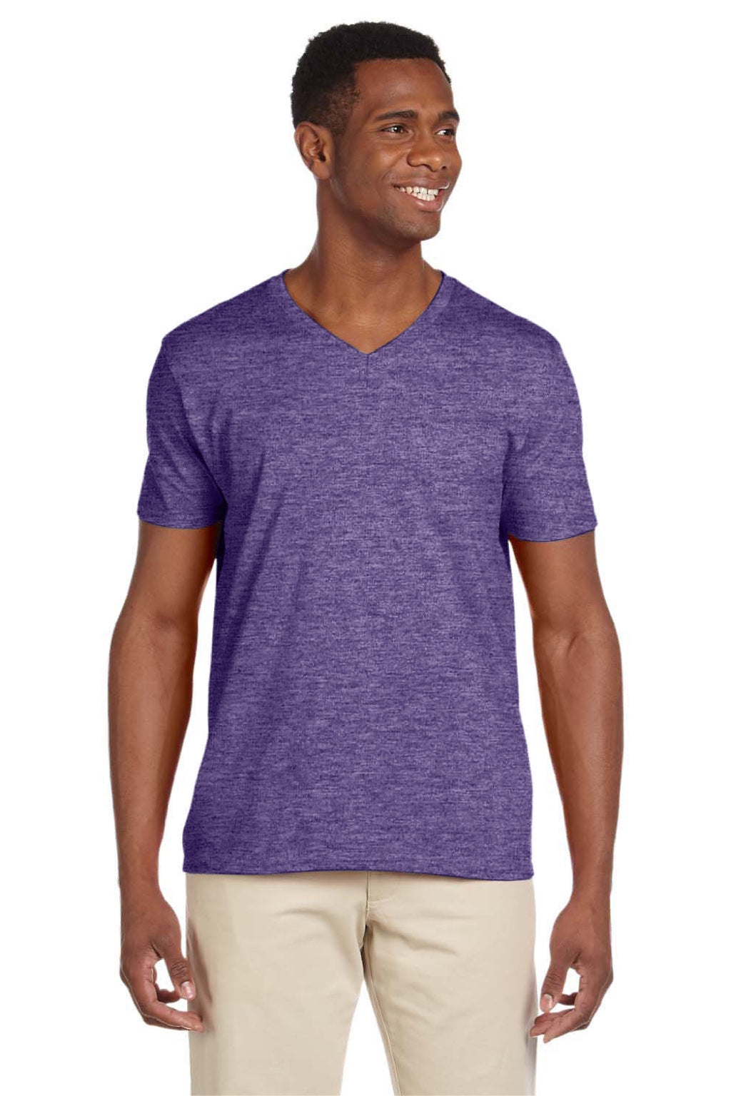 Gildan 64V00 Mens Softstyle Short Sleeve V-Neck T-Shirt Heather Purple Model Front