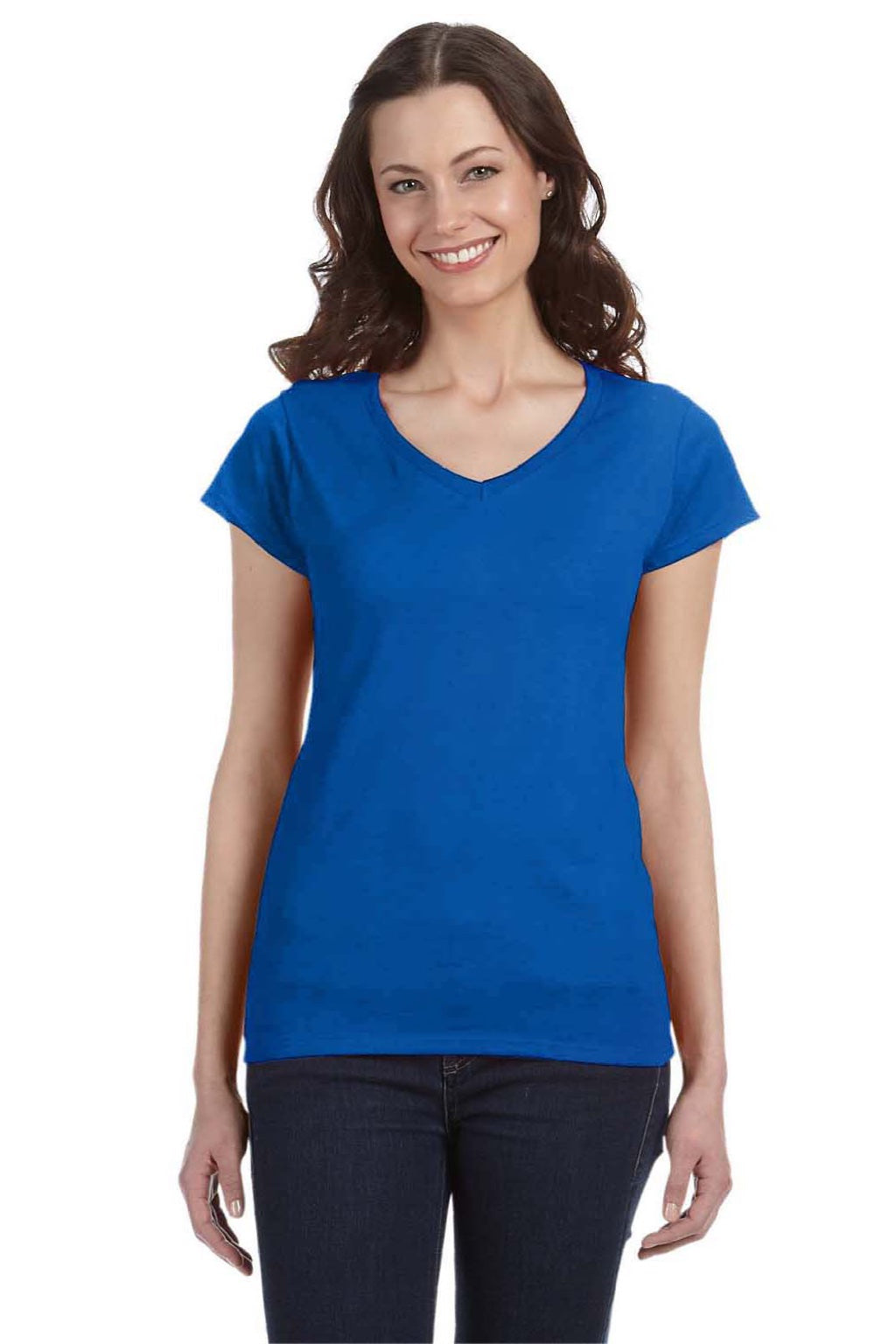 Gildan 64V00L Womens Softstyle Short Sleeve V-Neck T-Shirt Royal Blue Model Front