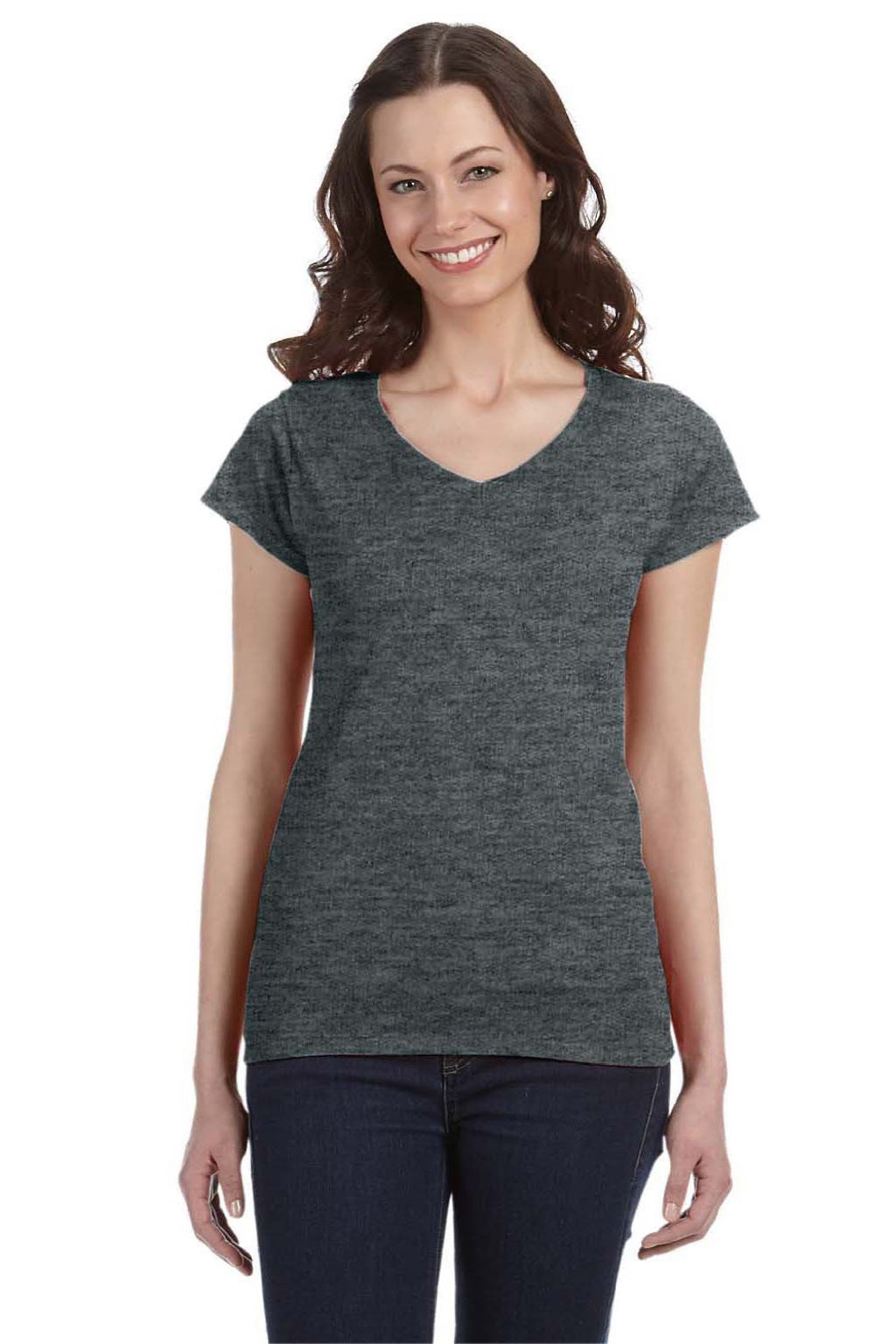 Gildan 64V00L Womens Softstyle Short Sleeve V-Neck T-Shirt Heather Dark Grey Model Front