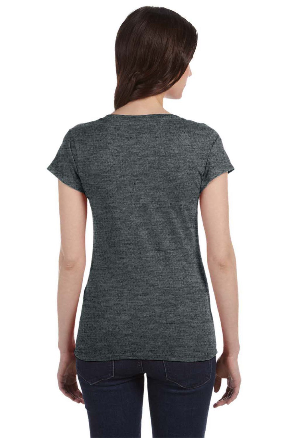 Gildan 64V00L Womens Softstyle Short Sleeve V-Neck T-Shirt Heather Dark Grey Model Back