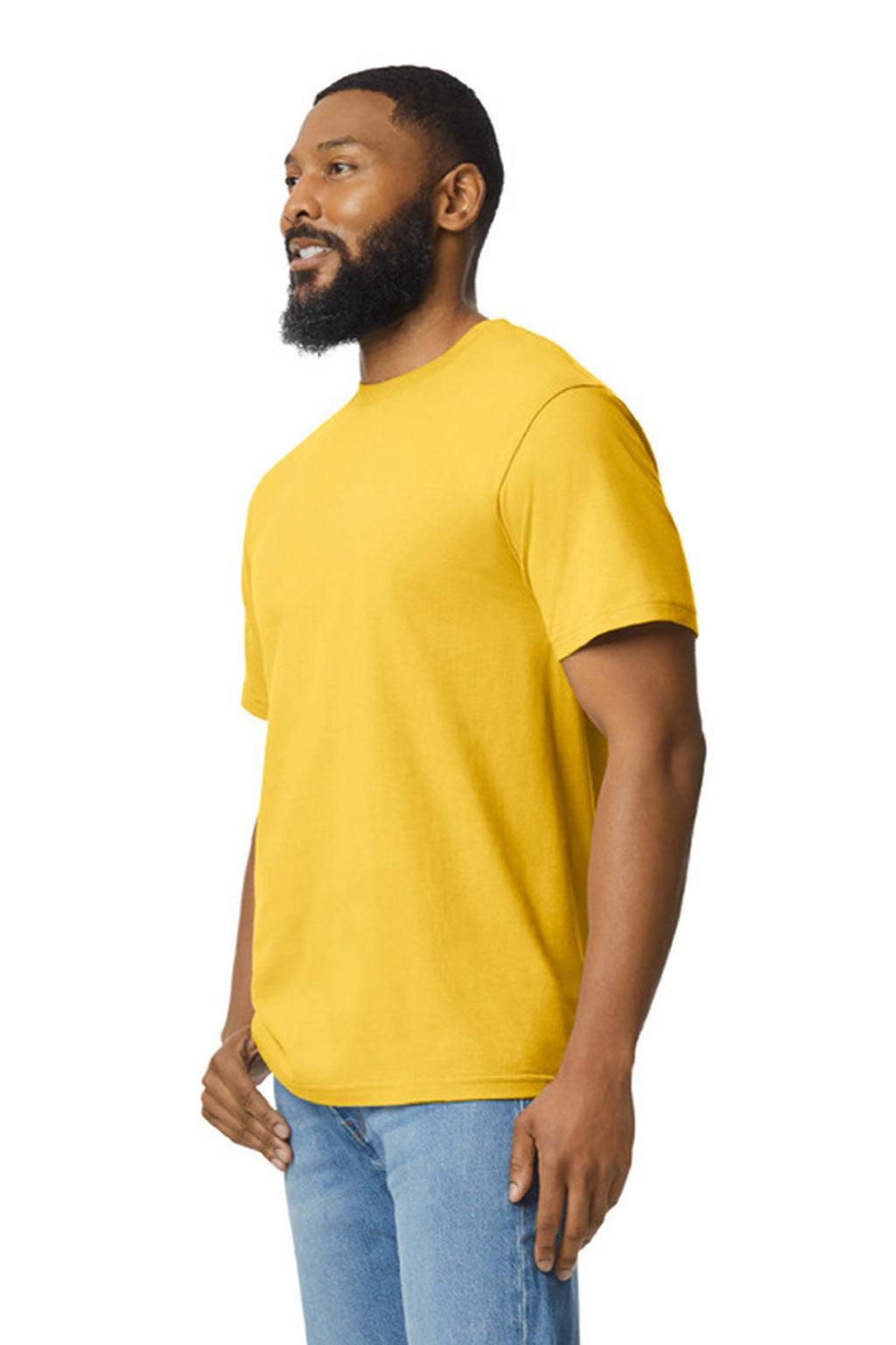 Gildan 65000 Mens Softstyle Short Sleeve Crewneck T-Shirt Daisy Yellow Model Side