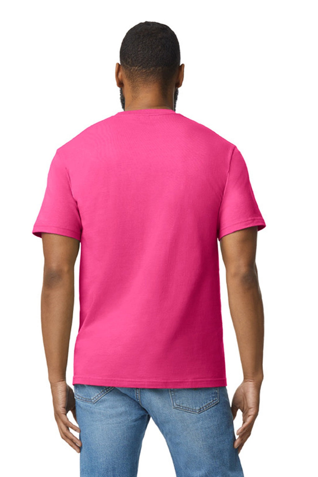 Gildan 65000 Mens Softstyle Short Sleeve Crewneck T-Shirt Heliconia Pink Model Back