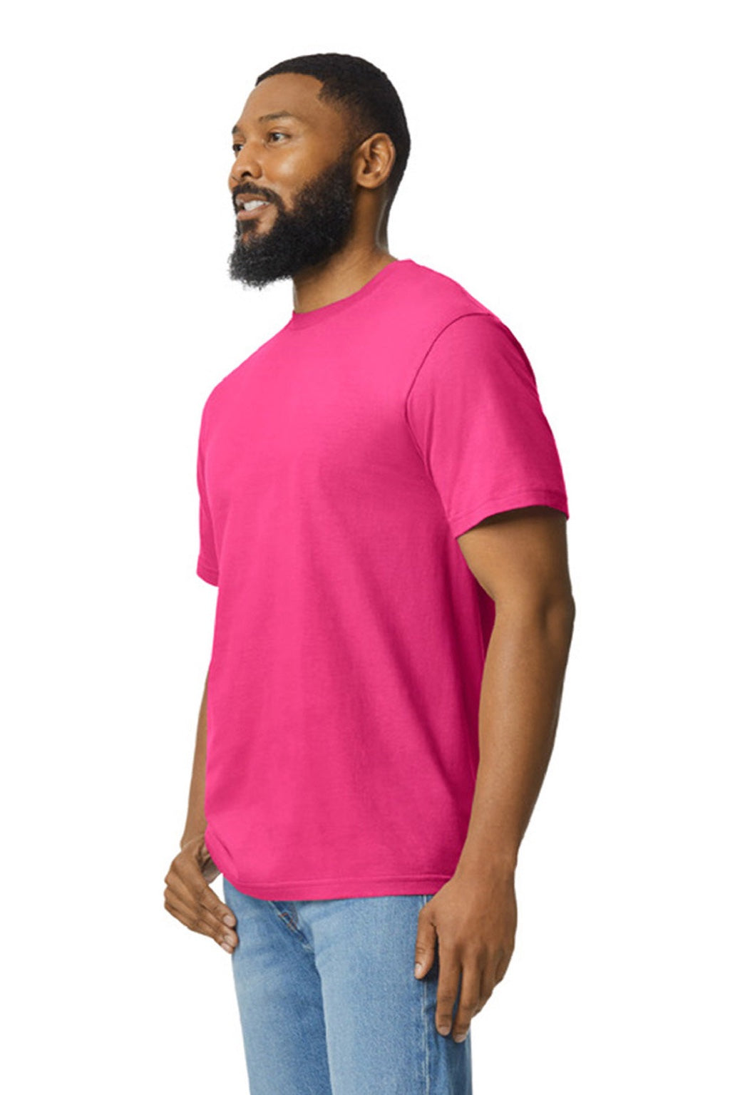 Gildan 65000 Mens Softstyle Short Sleeve Crewneck T-Shirt Heliconia Pink Model Side
