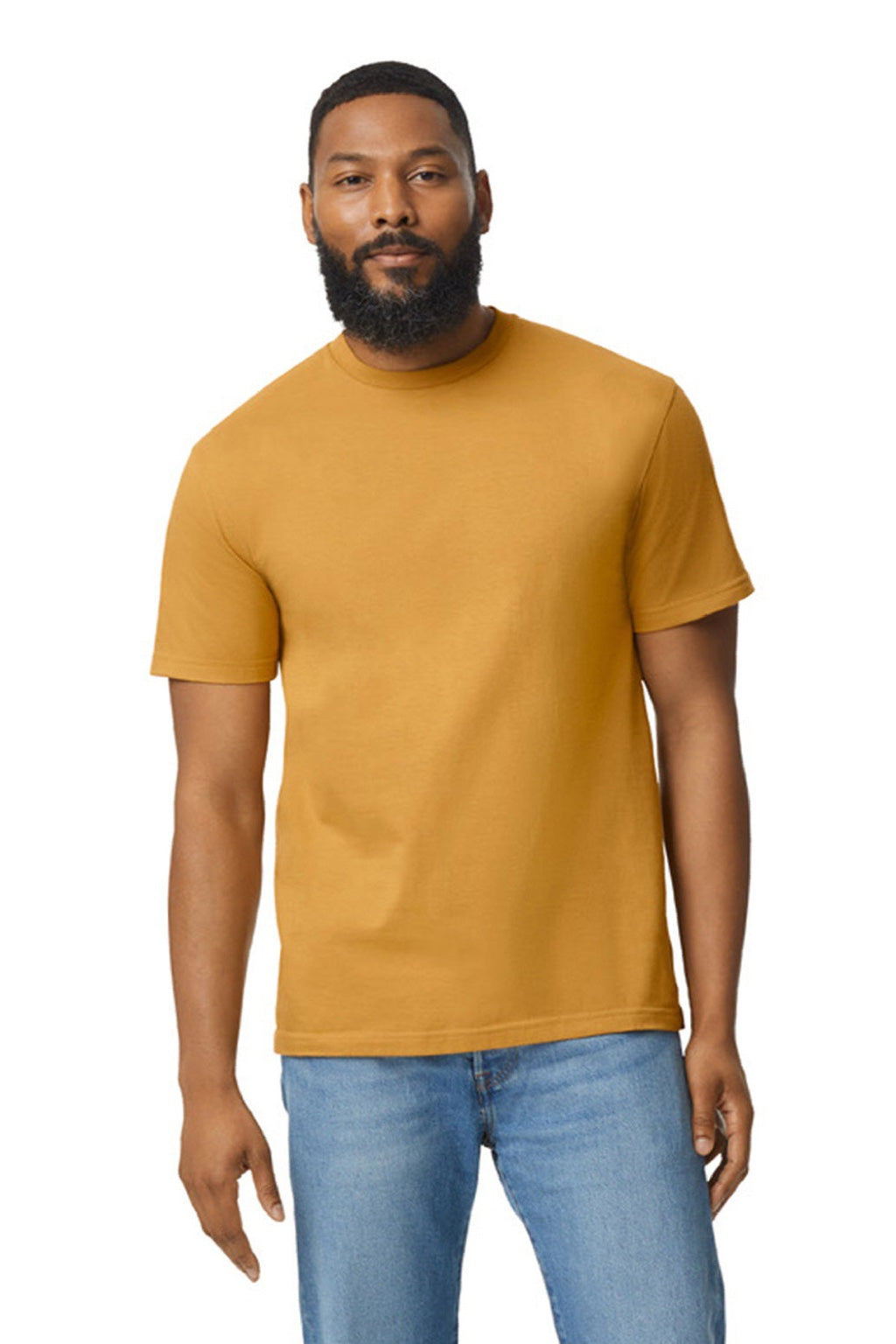 Gildan 65000 Mens Softstyle Short Sleeve Crewneck T-Shirt Mustard Yellow Model Front