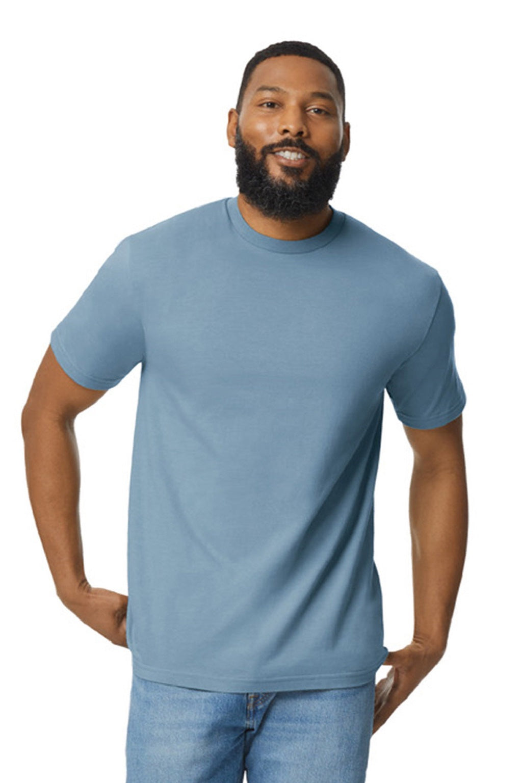 Gildan 65000 Mens Softstyle Short Sleeve Crewneck T-Shirt Stone Blue Model Front