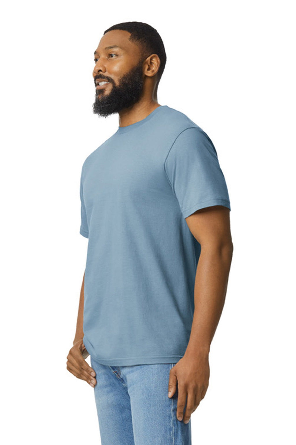 Gildan 65000 Mens Softstyle Short Sleeve Crewneck T-Shirt Stone Blue Model Side