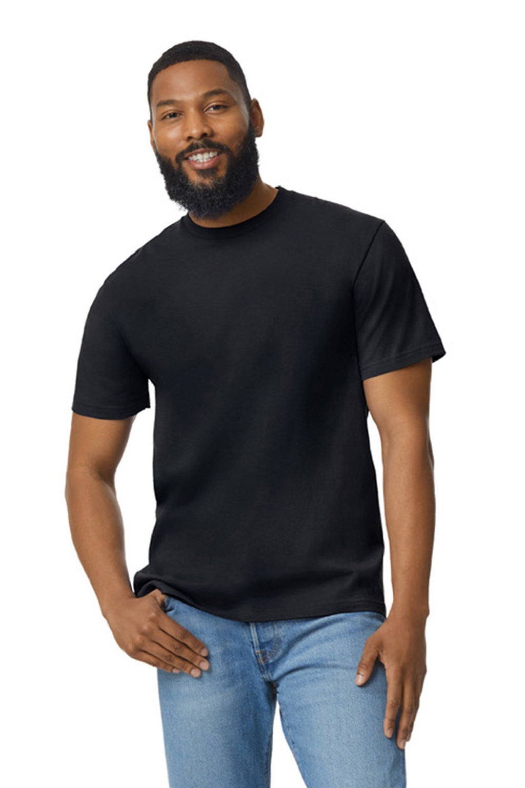 Gildan 65000 Mens Softstyle Short Sleeve Crewneck T-Shirt Pitch Black Model Front