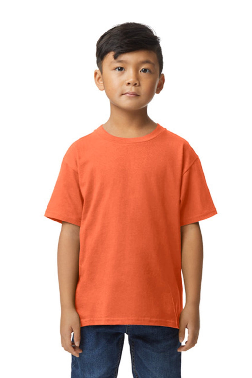 Gildan 65000B Youth Softstyle Short Sleeve Crewneck T-Shirt Orange Model Front