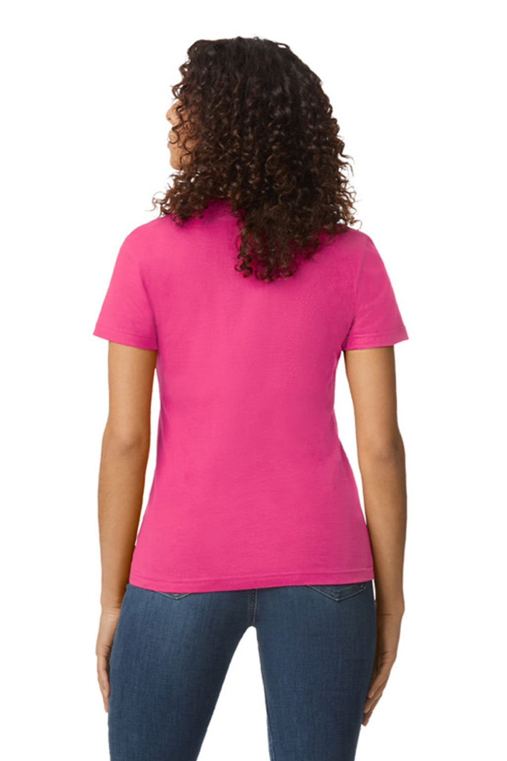 Gildan 65000L Womens Softstyle Short Sleeve Crewneck T-Shirt Heliconia Pink Model Back