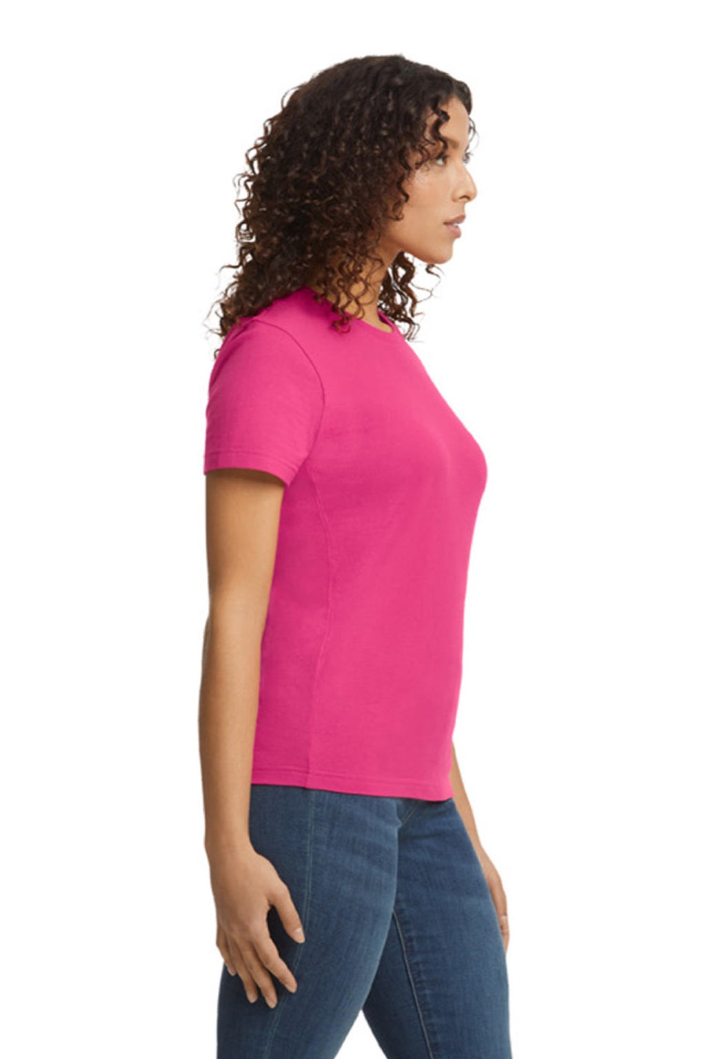 Gildan 65000L Womens Softstyle Short Sleeve Crewneck T-Shirt Heliconia Pink Model Side