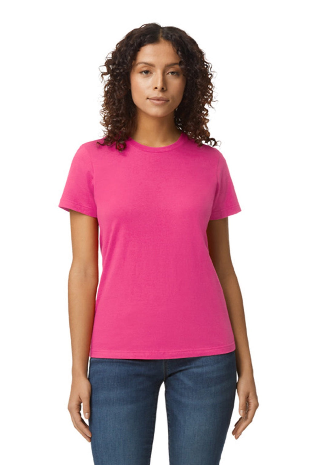 Gildan 65000L Womens Softstyle Short Sleeve Crewneck T-Shirt Heliconia Pink Model Front