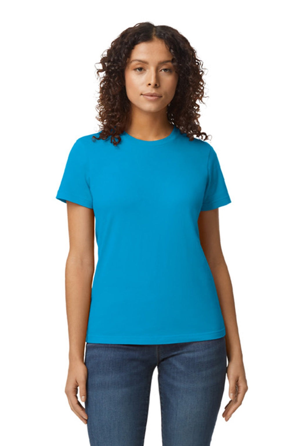 Gildan 65000L Womens Softstyle Short Sleeve Crewneck T-Shirt Sapphire Blue Model Front