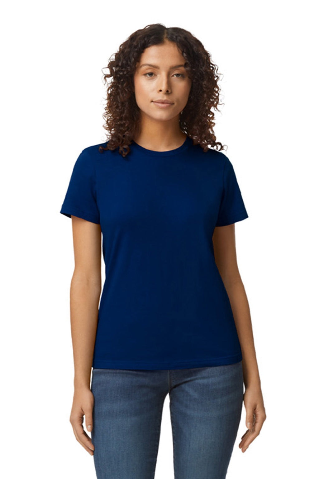 Gildan 65000L Womens Softstyle Short Sleeve Crewneck T-Shirt Navy Blue Model Front