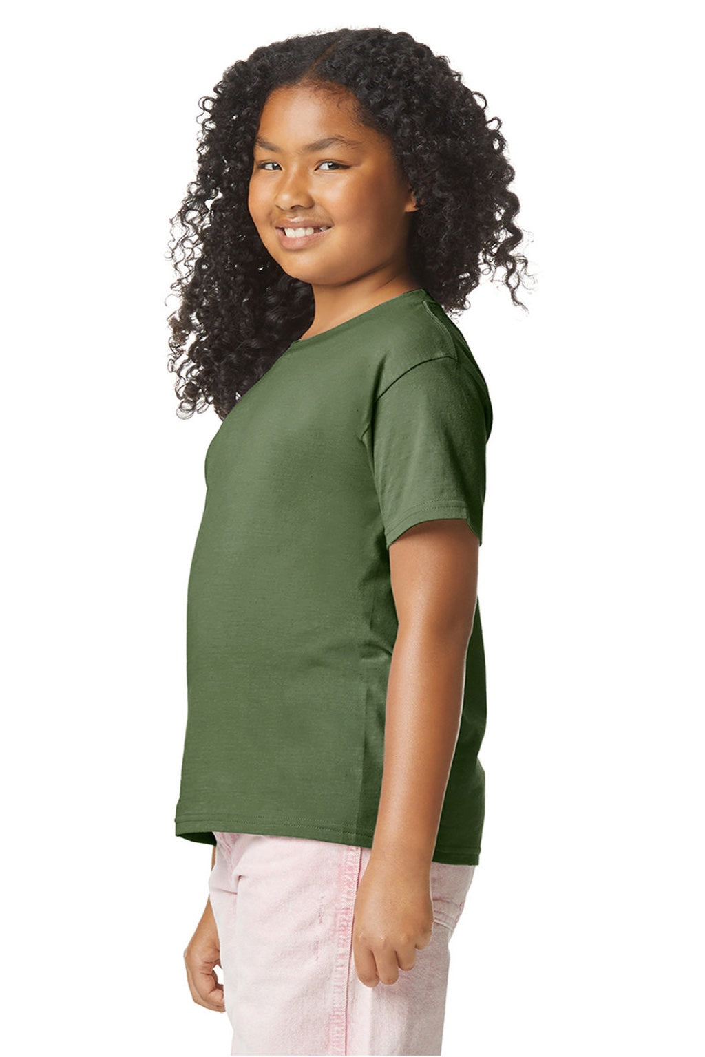 Gildan 64000BCVC Youth Softstyle CVC Short Sleeve Crewneck T-Shirt Cactus Green Model Side