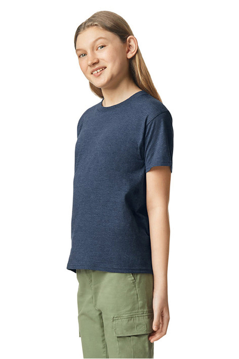 Gildan 67000B Youth Softstyle CVC Short Sleeve Crewneck T-Shirt Navy Blue Mist Model Side