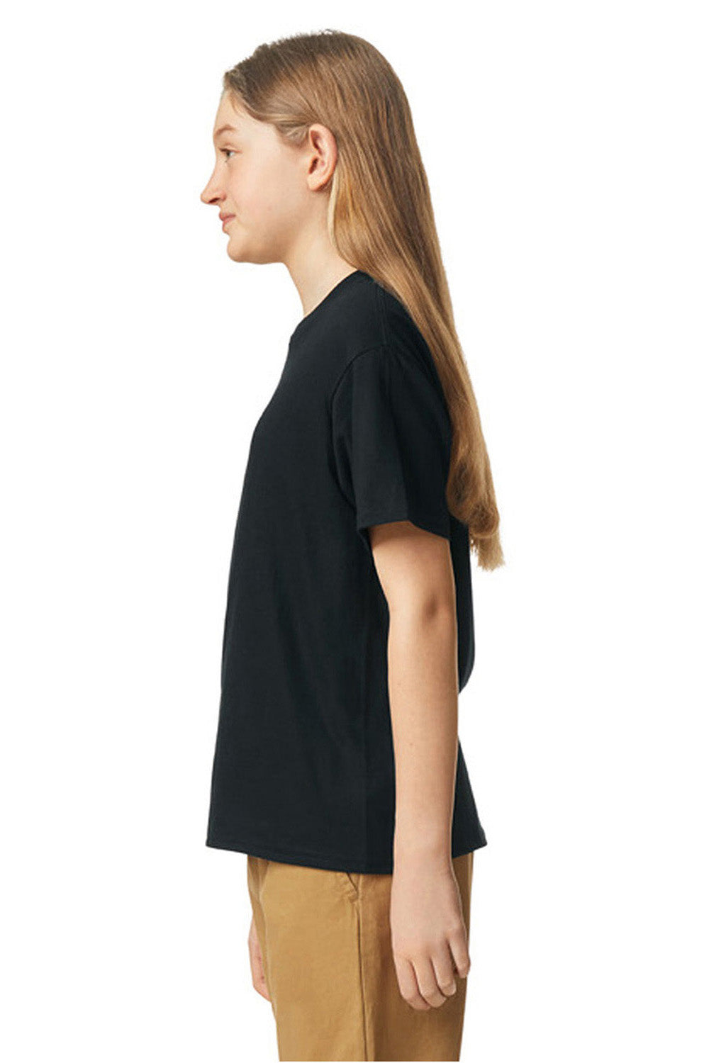Gildan 67000B Youth Softstyle CVC Short Sleeve Crewneck T-Shirt Pitch Black Model Side