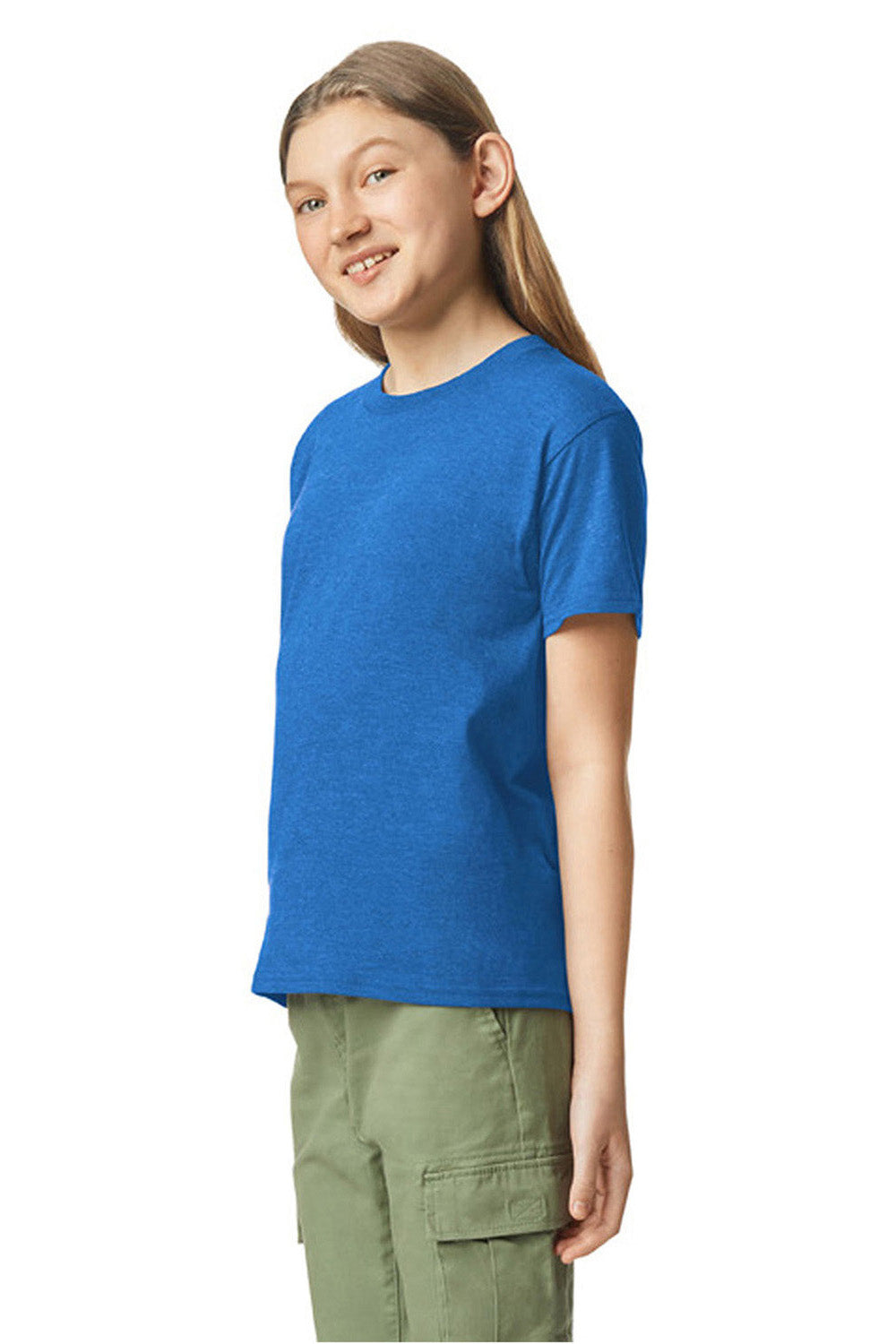 Gildan 67000B Youth Softstyle CVC Short Sleeve Crewneck T-Shirt Royal Blue Mist Model Side