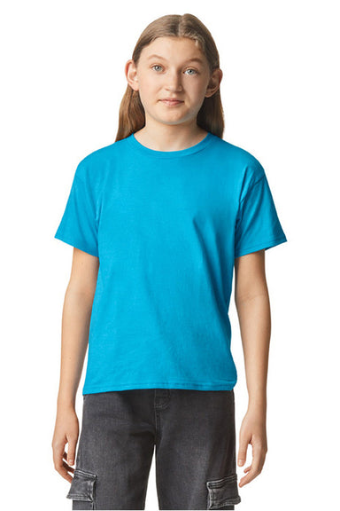 Gildan 67000B Youth Softstyle CVC Short Sleeve Crewneck T-Shirt Caribbean Blue Mist Model Front