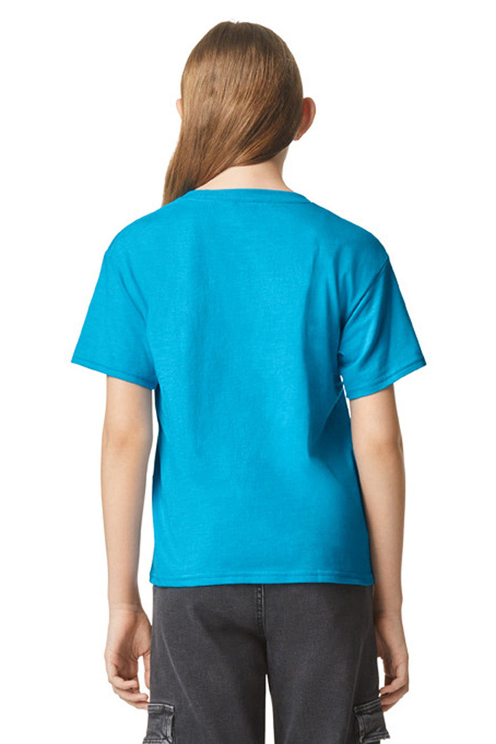 Gildan 67000B Youth Softstyle CVC Short Sleeve Crewneck T-Shirt Caribbean Blue Mist Model Back