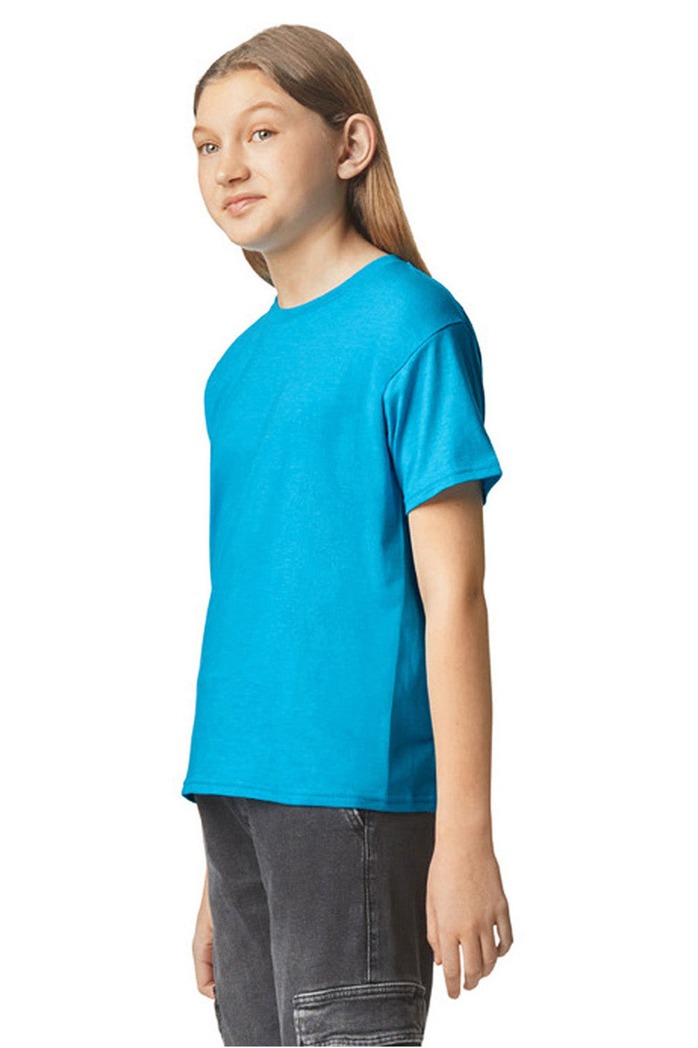 Gildan 67000B Youth Softstyle CVC Short Sleeve Crewneck T-Shirt Caribbean Blue Mist Model Side