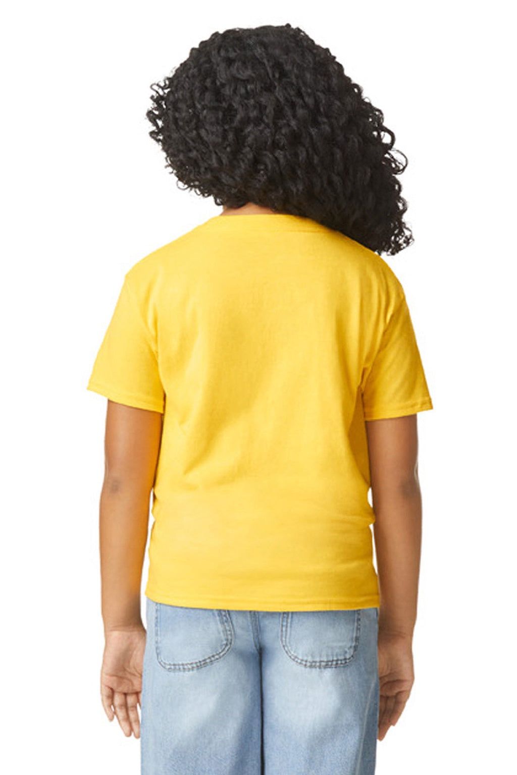 Gildan 64000BCVC Youth Softstyle CVC Short Sleeve Crewneck T-Shirt Daisy Yellow Mist Model Back