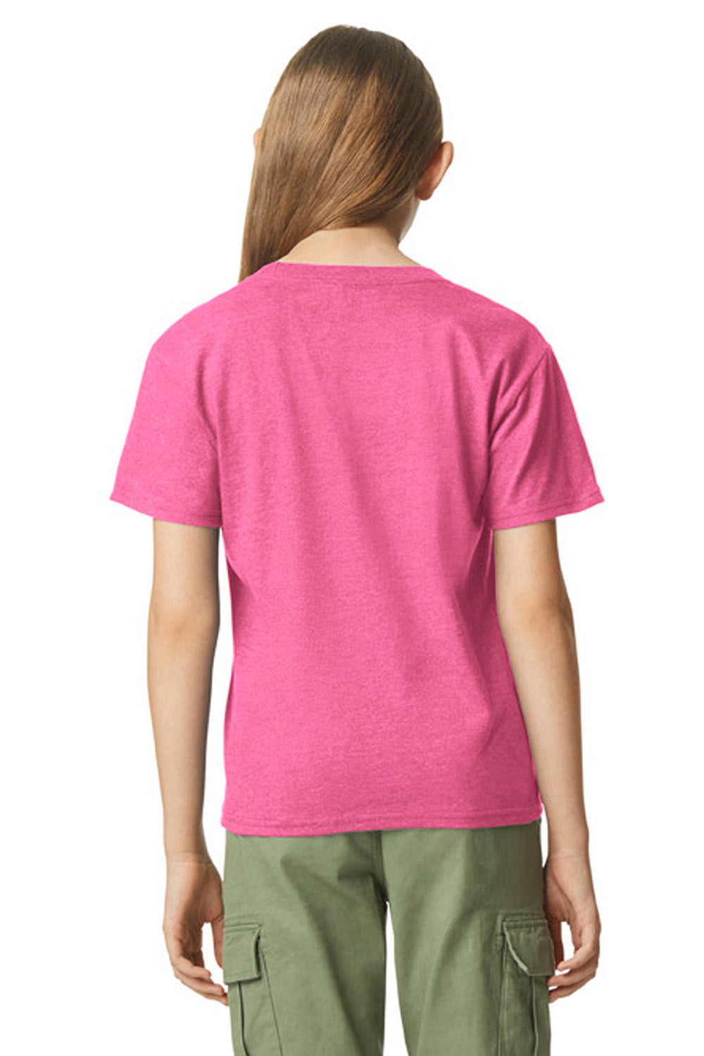 Gildan 67000B Youth Softstyle CVC Short Sleeve Crewneck T-Shirt Pink Lemonade Mist Model Back
