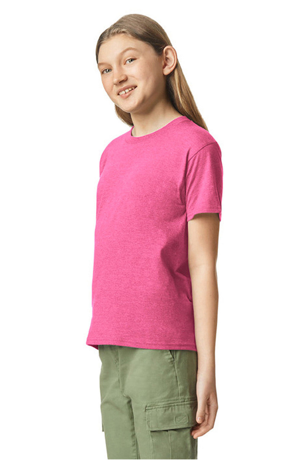 Gildan 67000B Youth Softstyle CVC Short Sleeve Crewneck T-Shirt Pink Lemonade Mist Model Side