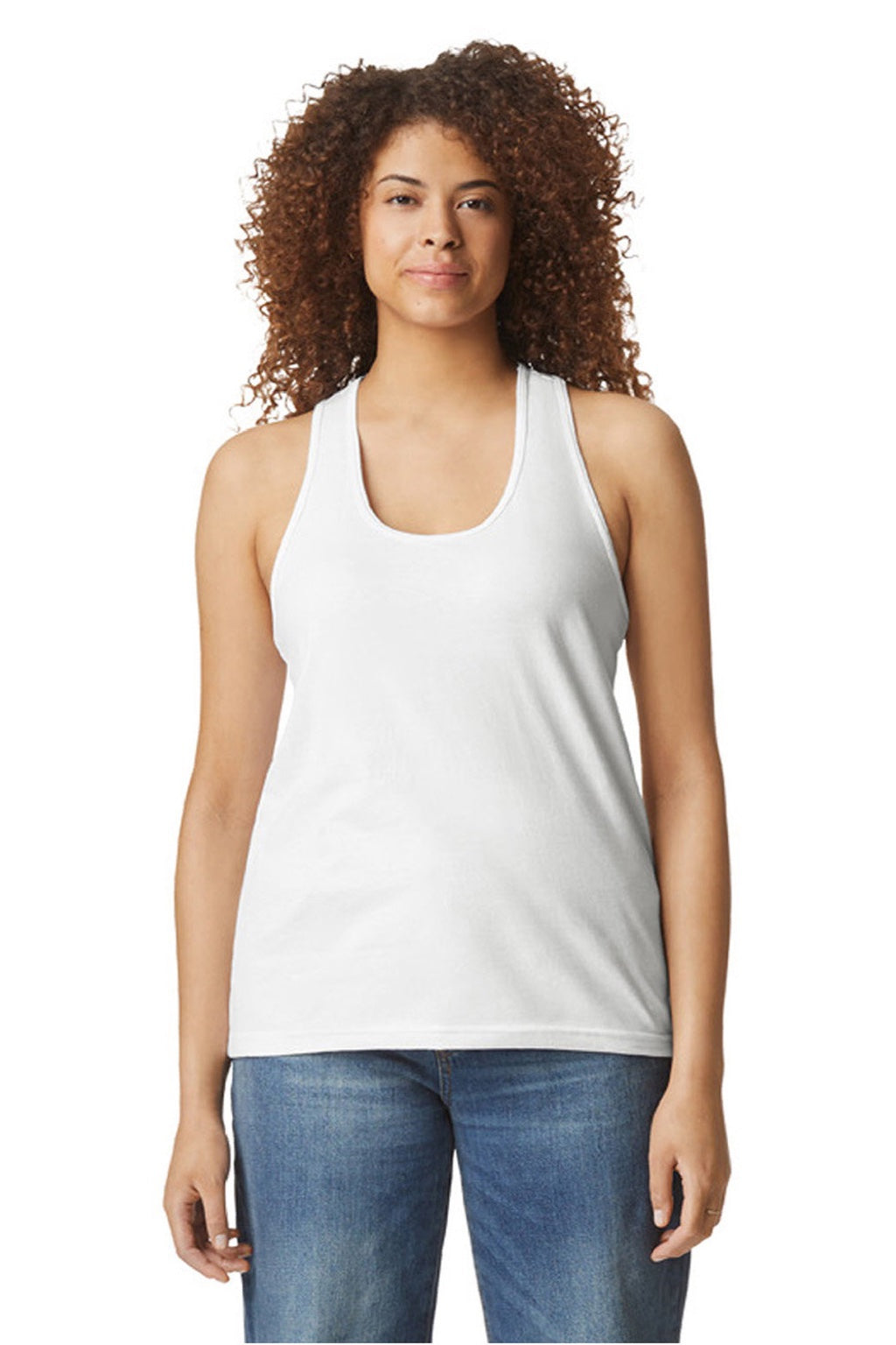 Gildan 64220LCVC Womens Softstyle CVC Racerback Tank Top White Model Front