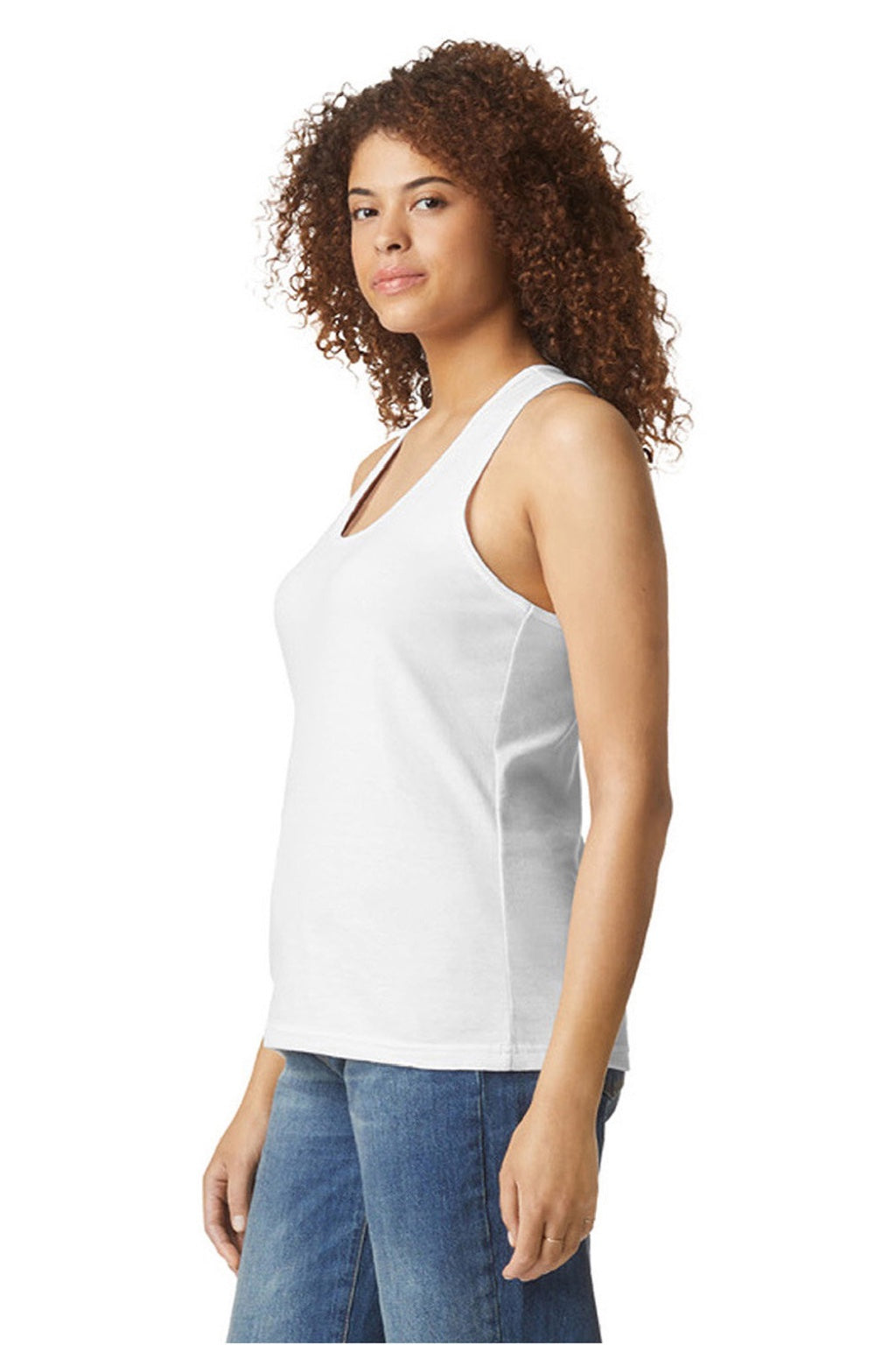 Gildan 64220LCVC Womens Softstyle CVC Racerback Tank Top White Model Side
