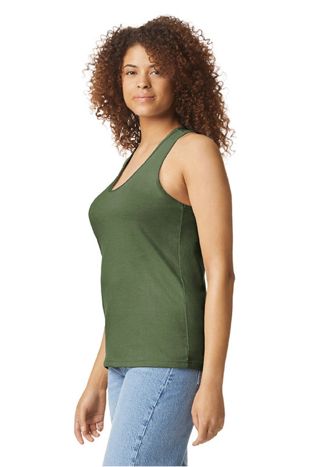 Gildan 64220LCVC Womens Softstyle CVC Racerback Tank Top Cactus Green Model Side