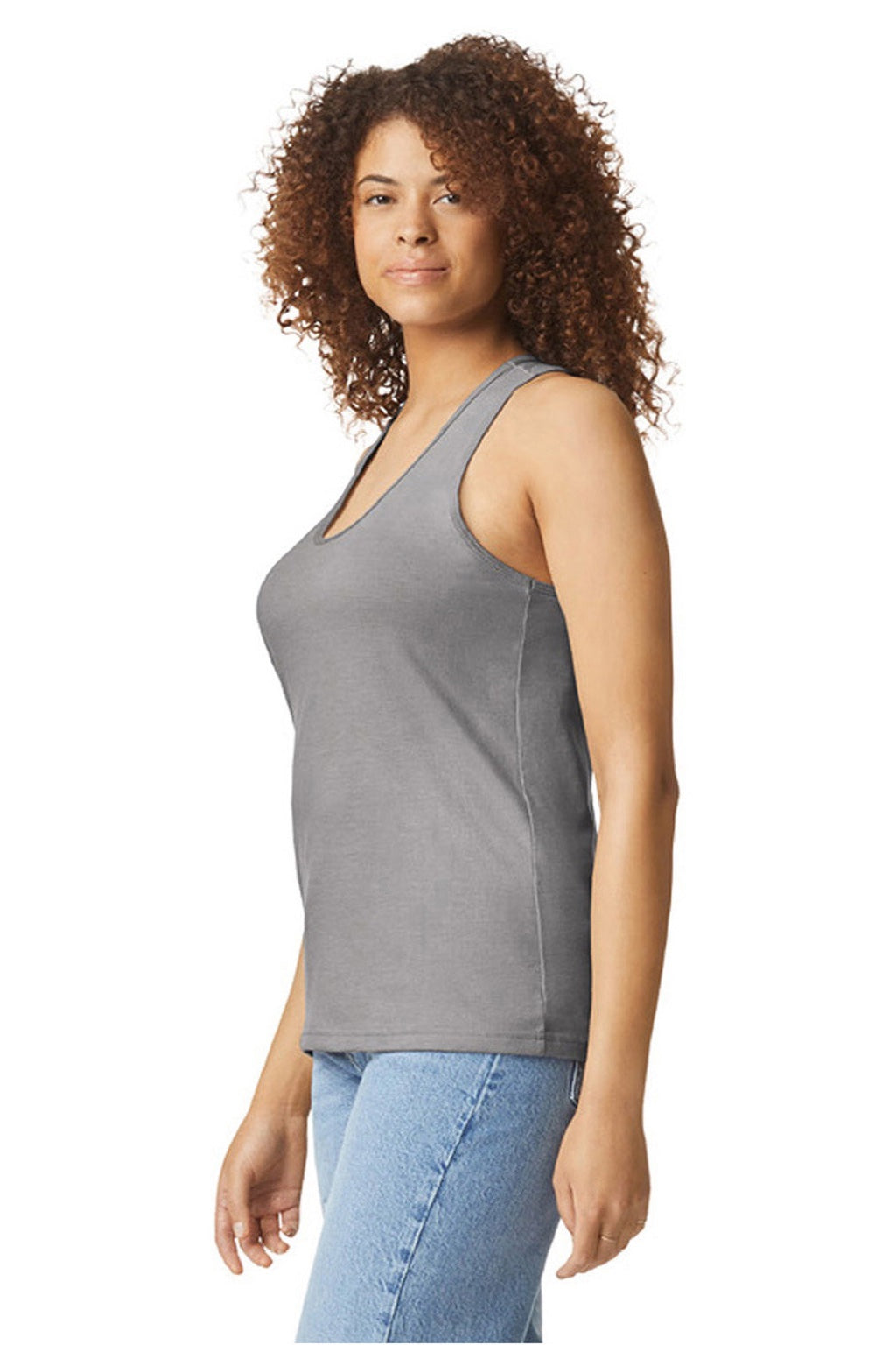 Gildan 64220LCVC Womens Softstyle CVC Racerback Tank Top Cement Grey Model Side