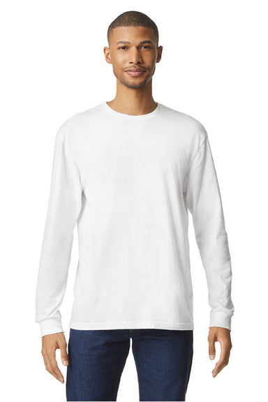 Gildan 64440CVC Mens Softstyle CVC Long Sleeve Crewneck T-Shirt White Model Front