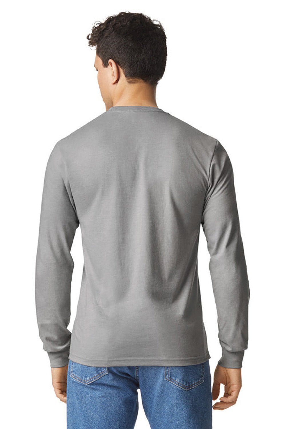 Gildan 67400 Mens Softstyle CVC Long Sleeve Crewneck T-Shirt Cement Grey Model Back