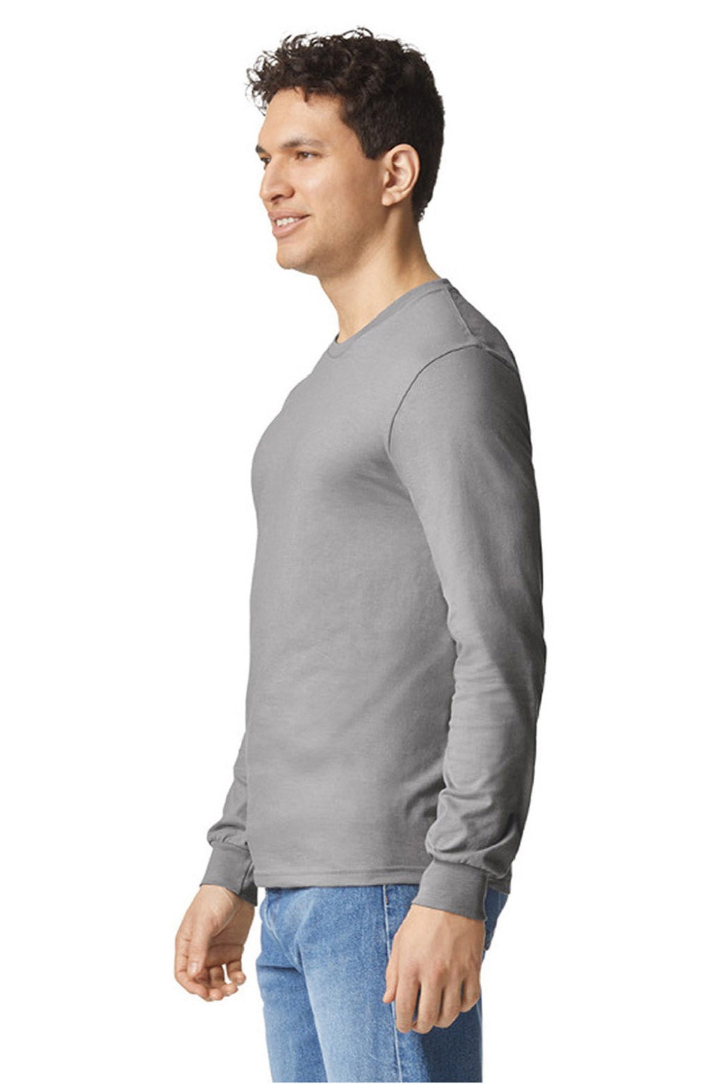 Gildan 64440CVC Mens Softstyle CVC Long Sleeve Crewneck T-Shirt Cement Grey Model Side