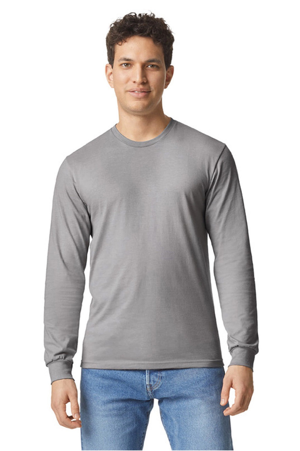 Gildan 64440CVC Mens Softstyle CVC Long Sleeve Crewneck T-Shirt Cement Grey Model Front