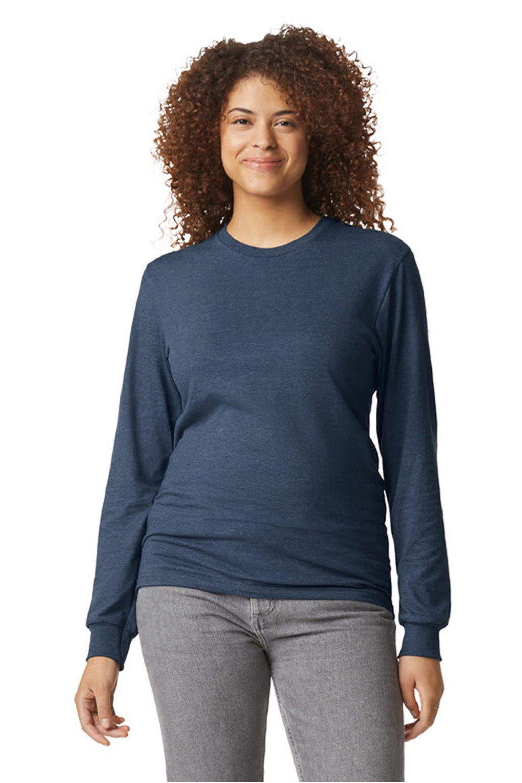 Gildan 64440CVC Mens Softstyle CVC Long Sleeve Crewneck T-Shirt Navy Blue Mist Model Front