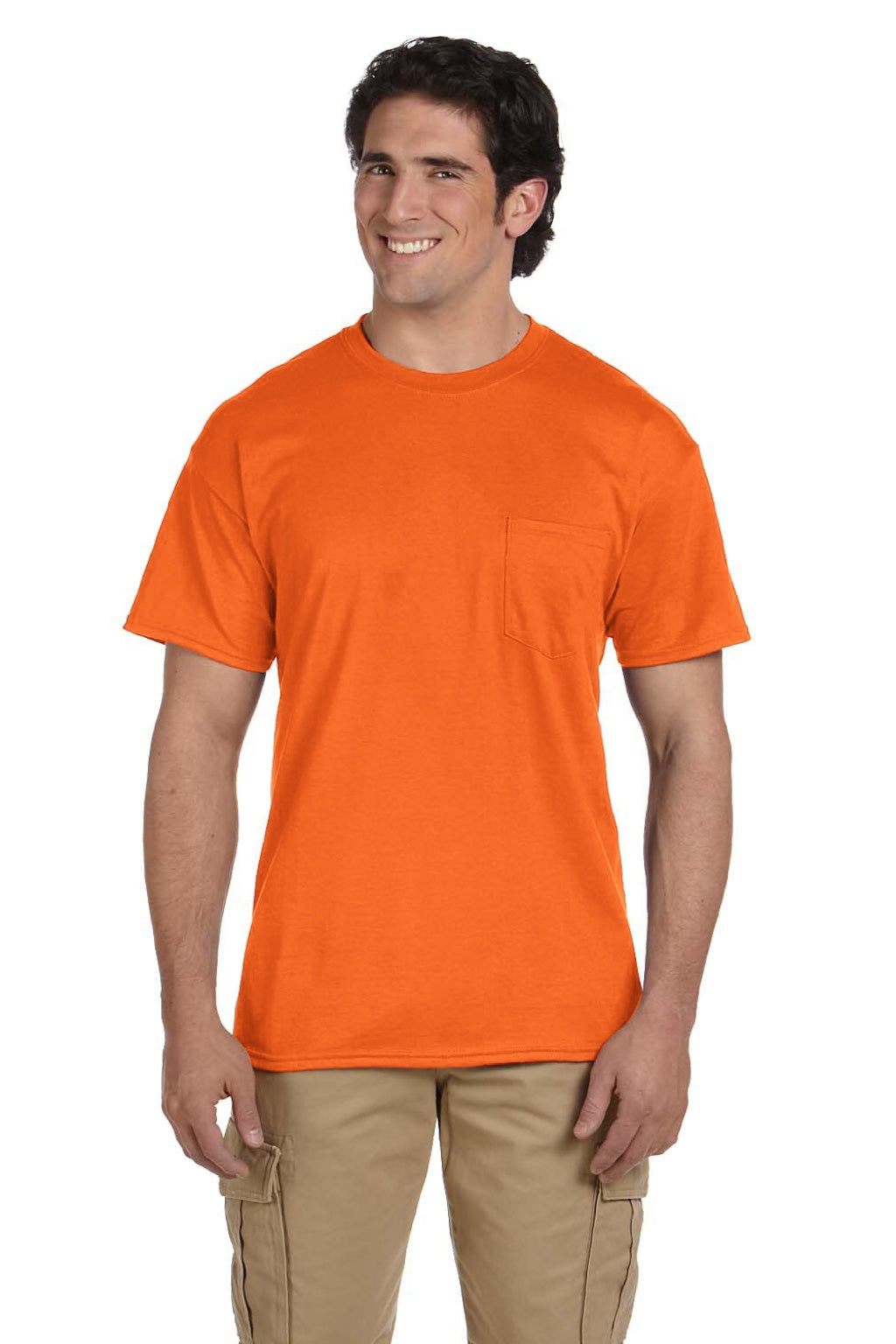 Gildan 8300 Mens DryBlend Moisture Wicking Short Sleeve Crewneck T-Shirt w/ Pocket Safety Orange Model Front