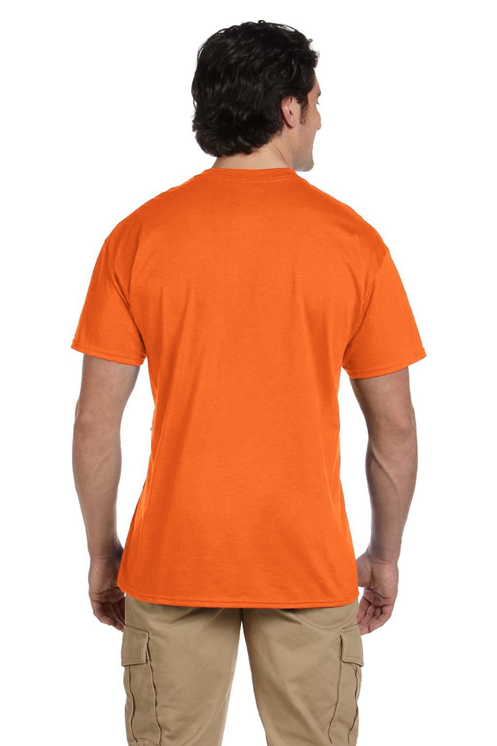 Gildan 8300 Mens DryBlend Moisture Wicking Short Sleeve Crewneck T-Shirt w/ Pocket Safety Orange Model Back